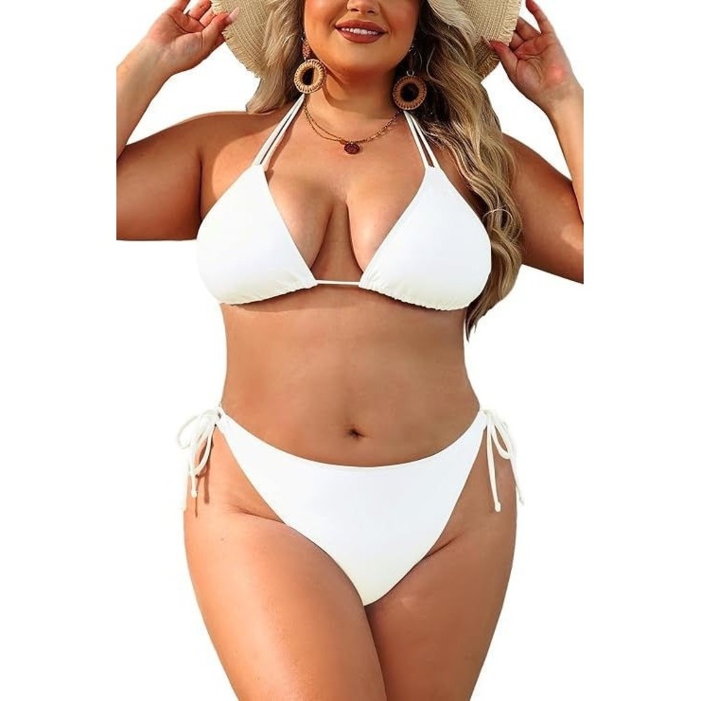 Daci Plus Size Triangle 2pc Tie-Side Halter Bikini Swimsuit - White - Size 16W
